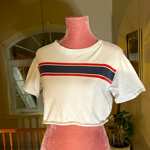 Garage white cropped T-shirt with blue and red stripe - Picture 1 of 3